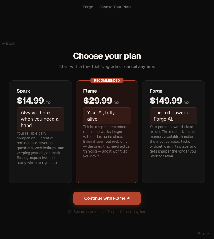 Forge plan selection screen
